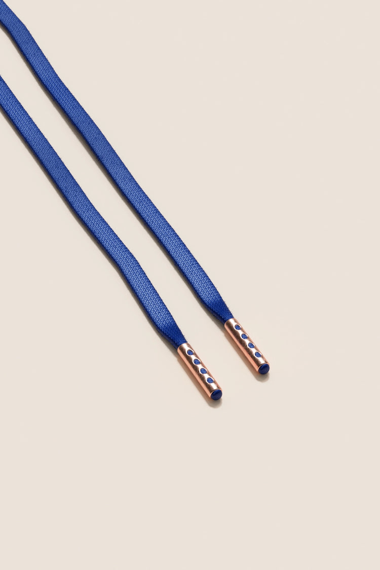 Senkels Sapphire Blue 3mm Flat Waxed Shoelaces with Rose Gold Aglets